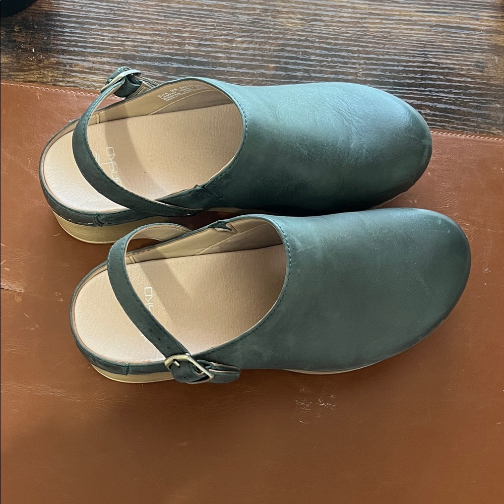 Dansko Dark Green Leather Slingback Clogs